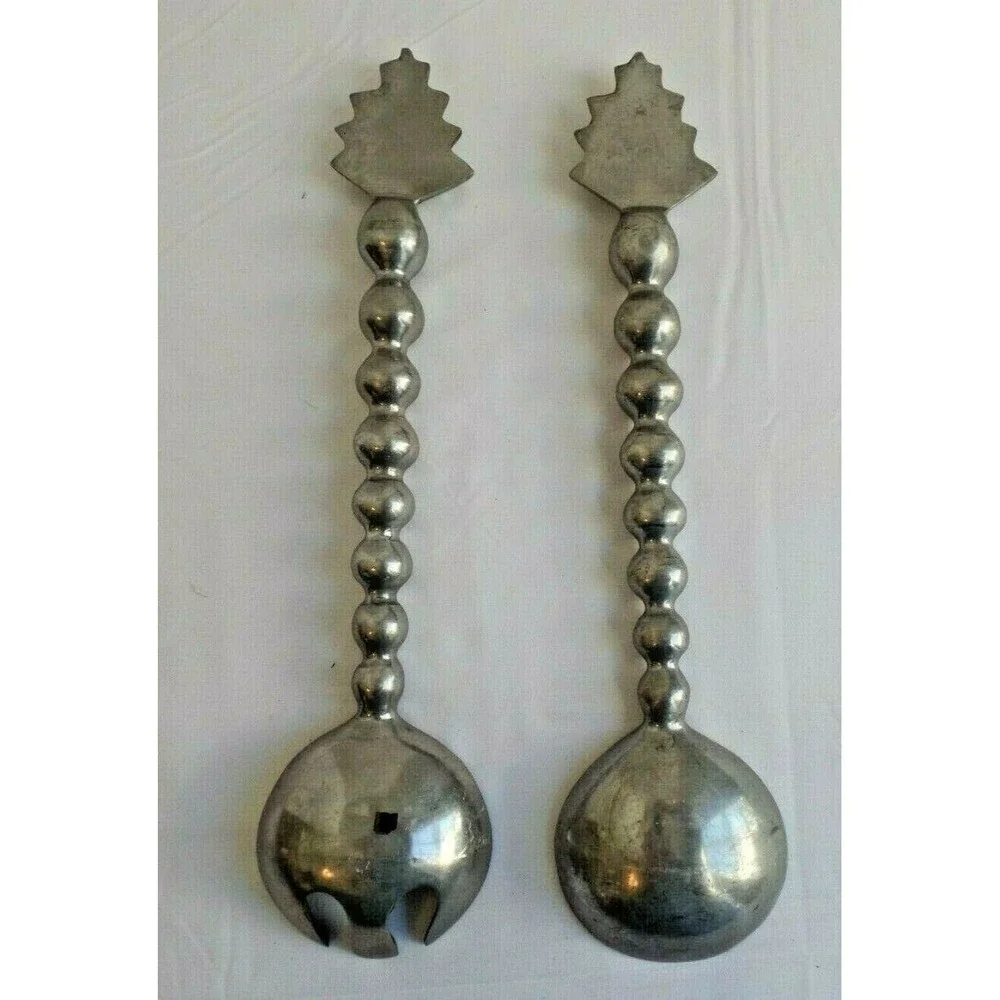 Vintage Silver Christmas Tree Salad Serving Fork & Spoon Made In India Metal